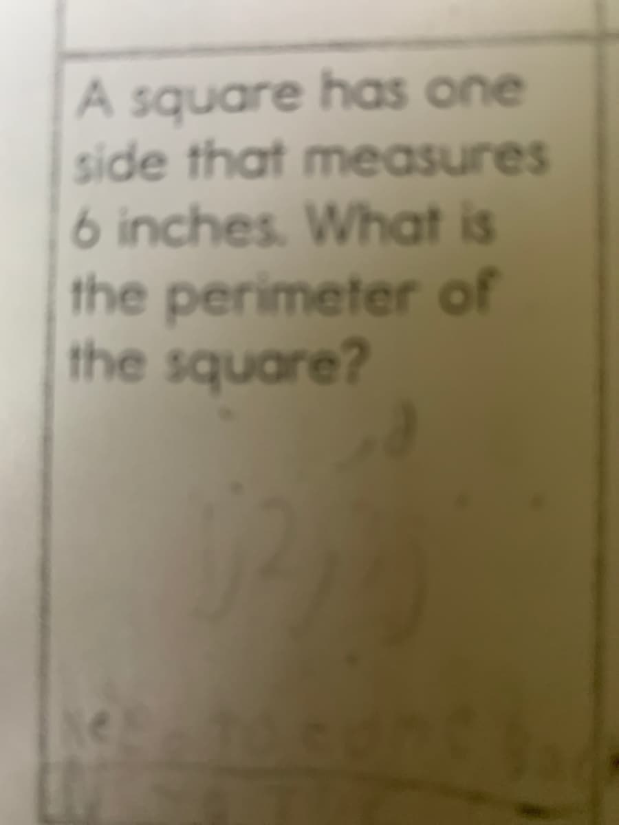 A square has one
side that measures
6 inches. What is
the perimeter of
the square?
