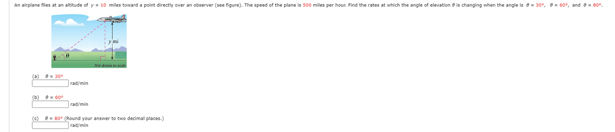 An airplane flies at an altitude of y = 10 miles toward a point directly over an observer (see figure). The speed of the plane is 500 miles per hour. Find the rates at which the angle of elevation e is changing when the angle is e = 30°, e = 60°, and e = 80°.
у mi
Not drawn to scale
(a)
e = 30°
rad/min
(b)
e = 60°
rad/min
(c)
e = 80° (Round your answer to two decimal places.)
rad/min
