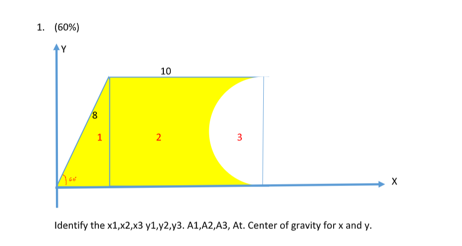 1. (60%)
Y
10
2
3
X
Identify the x1,x2,x3 y1,y2,y3. A1,A2,A3, At. Center of gravity for x and y.
