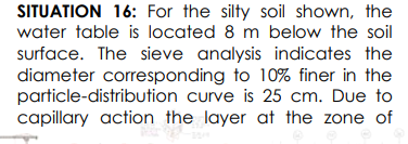 SITUATION 16: For the silty soil shown, the
water table is located 8 m below the soil
surface. The sieve analysis indicates the
diameter corresponding to 10% finer in the
particle-distribution curve is 25 cm. Due to
capillary action the layer at the zone of
