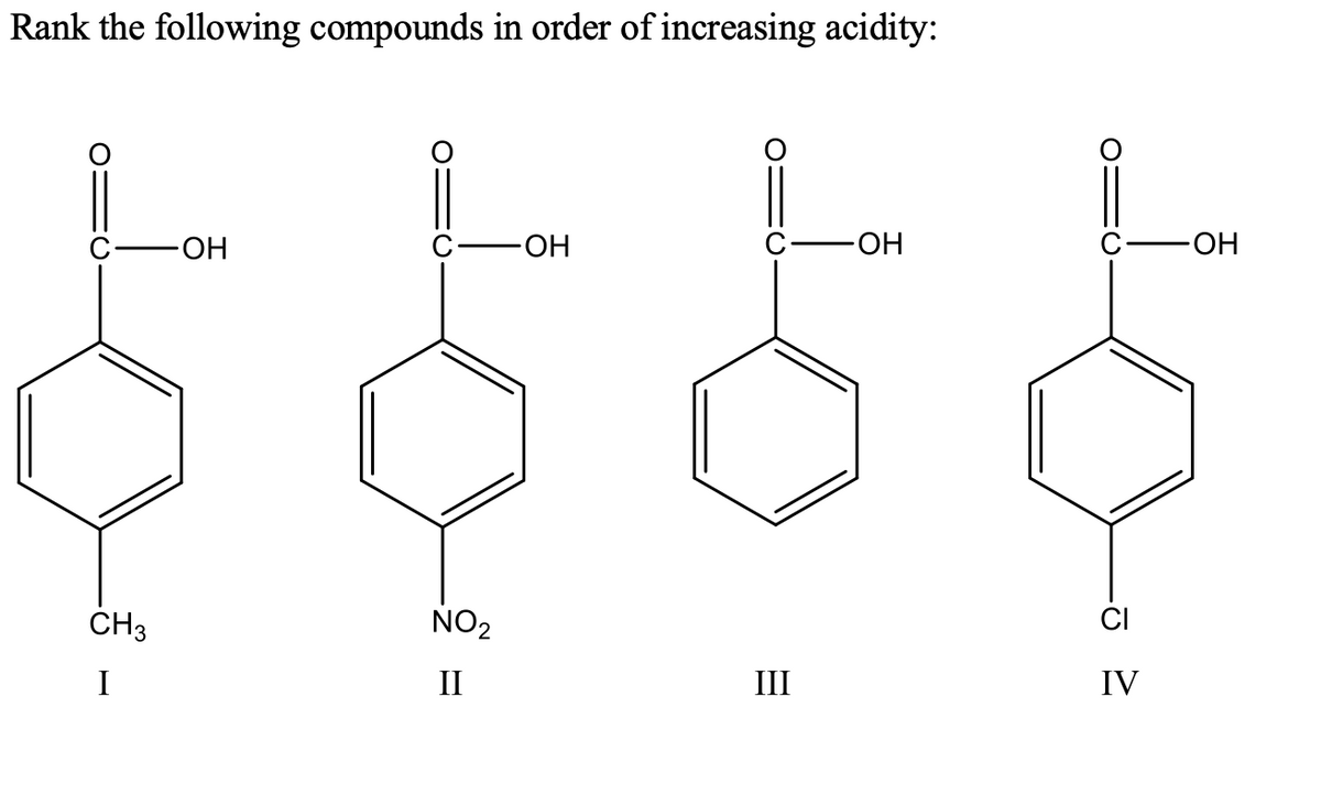 Rank the following compounds in order of increasing acidity:
-O-
-HO-
HO-
HO
CH3
NO2
I
II
III
IV
