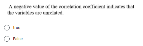 A negative value of the correlation coefficient indicates that
the variables are unrelated.
O true
O False
