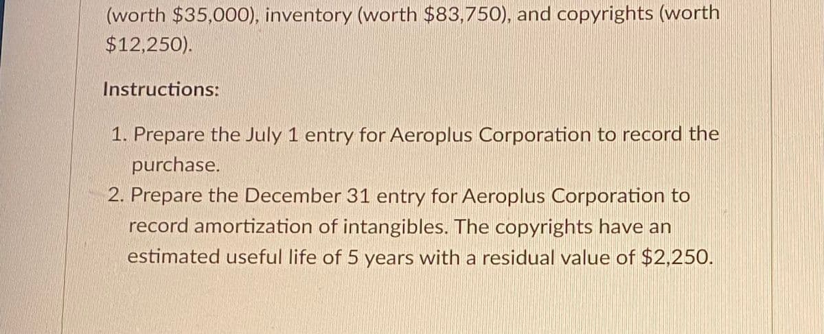 (worth $35,000), inventory (worth $83,750), and copyrights (worth
$12,250).
Instructions:
1. Prepare the July 1 entry for Aeroplus Corporation to record the
purchase.
2. Prepare the December 31 entry for Aeroplus Corporation to
record amortization of intangibles. The copyrights have an
estimated useful life of 5 years with a residual value of $2,250.