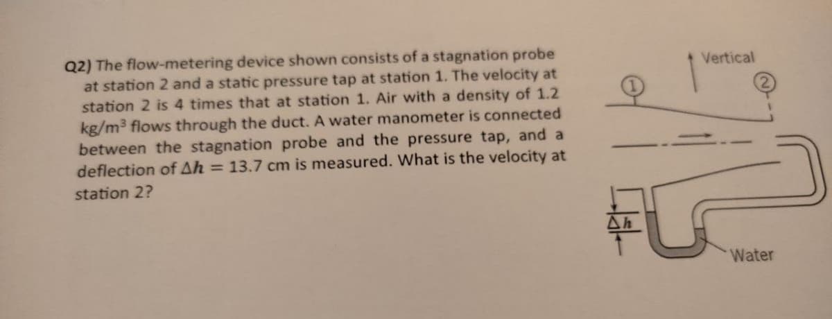 Q2) The flow-metering device shown consists of a stagnation probe
at station 2 and a static pressure tap at station 1. The velocity at
station 2 is 4 times that at station 1. Air with a density of 1.2
kg/m3 flows through the duct. A water manometer is connected
between the stagnation probe and the pressure tap, and a
deflection of Ah = 13.7 cm is measured. What is the velocity at
Vertical
station 2?
Water
