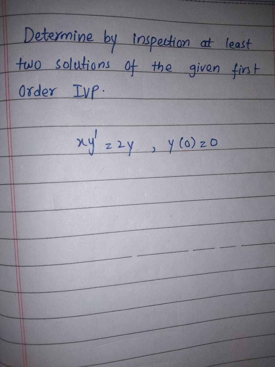 Determine
by inspection
two solutions of the given first
at least
Order IvP.
xy zzy
y(0)20
