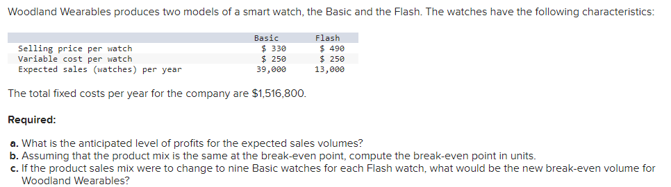 Woodland Wearables produces two models of a smart watch, the Basic and the Flash. The watches have the following characteristics:
Basic
$ 330
$ 250
39,000
Selling price per watch
Variable cost per watch
Expected sales (watches) per year
The total fixed costs per year for the company are $1,516,800.
Flash
$490
$ 250
13,000
Required:
a. What is the anticipated level of profits for the expected sales volumes?
b. Assuming that the product mix is the same at the break-even point, compute the break-even point in units.
c. If the product sales mix were to change to nine Basic watches for each Flash watch, what would be the new break-even volume for
Woodland Wearables?