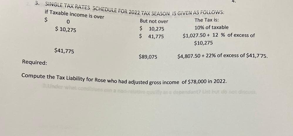 3. SINGLE TAX RATES SCHEDULE FOR 2022 TAX SEASON IS GIVEN AS FOLLOWS:
if Taxable income is over
But not over
$
$
$
0
$ 10,275
$41,775
10,275
41,775
$89,075
The Tax is:
10% of taxable
$1,027.50 12 % of excess of
$10,275
$4,807.50 +22% of excess of $41,775.
Required:
Compute the Tax Liability for Rose who had adjusted gross income of $78,000 in 2022.
3.Under what cond
ndant? List but do not discuss,