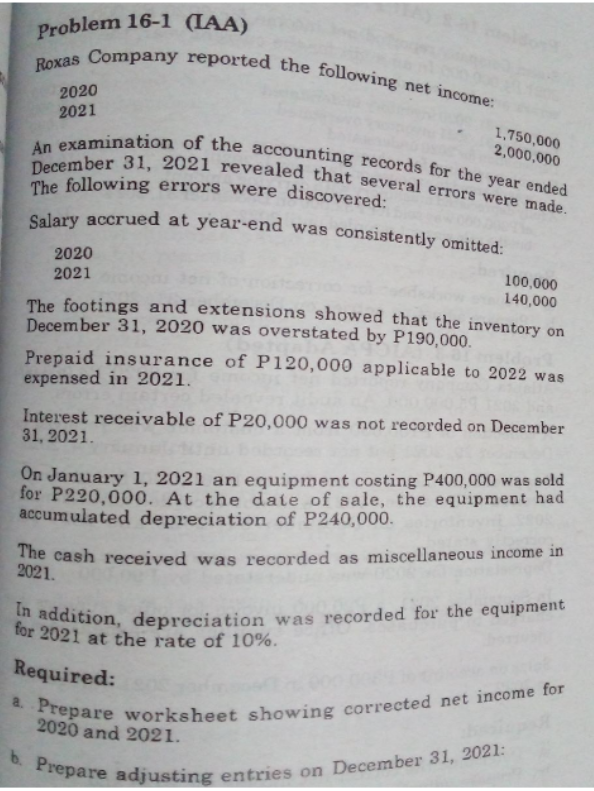Problem 16-1 (IAA)
Roxas Company reported the following net income:
2020
2021
1,750,000
2,000,000
An examination of the accounting records for the year ended
December 31, 2021 revealed that several errors were made.
The following errors were discovered:
Salary accrued at year-end was consistently omitted:
2020
2021
100,000
140,000
The footings and extensions showed that the inventory on
December 31, 2020 was overstated by P190,000.
Prepaid insurance of P120,000 applicable to 2022 was
expensed in 2021.
Interest receivable of P20,000 was not recorded on December
31, 2021.
On January 1, 2021 an equipment costing P400,000 was sold
for P220,000. At the date of sale, the equipment had
accumulated depreciation of P240,000.
The cash received was recorded as miscellaneous income in
2021.
In addition, depreciation was recorded for the equipment
for 2021 at the rate of 10%.
Required:
a. Prepare worksheet showing corrected net income for
2020 and 2021.
b. Prepare adjusting entries on December 31, 2021: