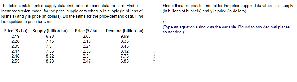 The table contains price-supply data and price-demand data for corn. Find a
linear regression model for the price-supply data where x is supply (in billions of
bushels) and y is price (in dollars). Do the same for the price-demand data. Find
the equilibrium price for corn.
Find a linear regression model for the price-supply data where x is supply
(in billions of bushels) and y is price (in dollars).
y =
Price ($/ bu) Supply (billion bu) | Price (S/ bu) Demand (billion bu)
2.19
(Type an equation using x as the variable. Round to two decimal places
as needed.)
6.28
2.03
9.99
2.28
2.39
7.45
7.51
7.86
8.22
8.28
2.15
9.35
2.24
8.45
8.12
2.33
2.31
2.47
2.48
2.55
7.75
2.47
6.83
