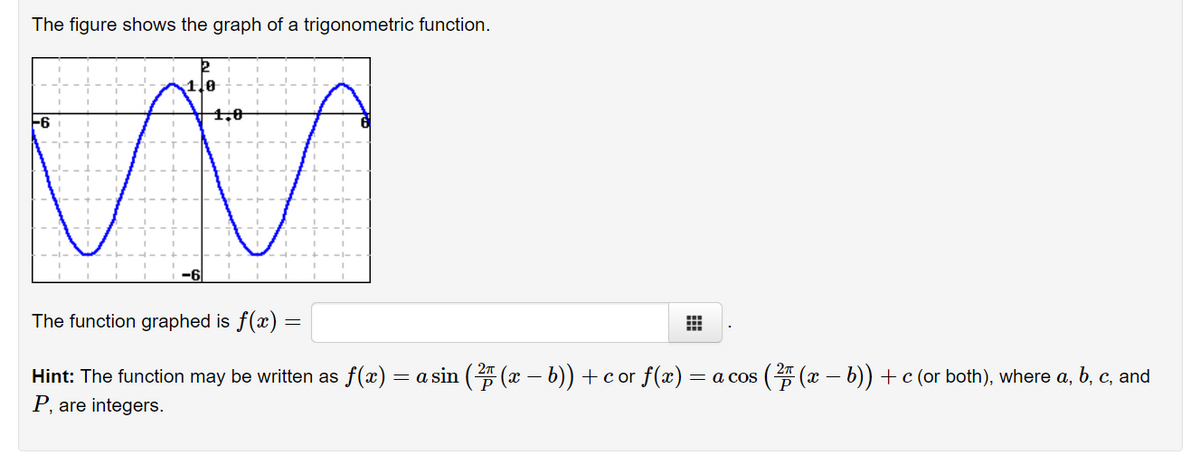 The figure shows the graph of a trigonometric function.
1.0
-6
The function graphed is f(x) =
Hint: The function may be written as f(x) = a sin ( (x – b)) +cor f(x)
P, are integers.
= a cos (E (x – b)) + c (or both), where a, b, c, and
