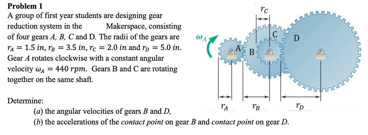 Problem 1
A group of first year students are designing gear
reduction system in the
Makerspace, consisting
of four gears A, B, C and D. The radii of the gears are
= 5.0 in.
TA = 1.5 in, r =
3.5 in, rc = 2.0 in and rp
Gear A rotates clockwise with a constant angular
velocity WĄ = 440 rpm. Gears B and C are rotating
together on the same shaft.
Determine:
ΤΑ
TB
rD
(a) the angular velocities of gears B and D,
(b) the accelerations of the contact point on gear B and contact point on gear D.
@A
B
rc
C