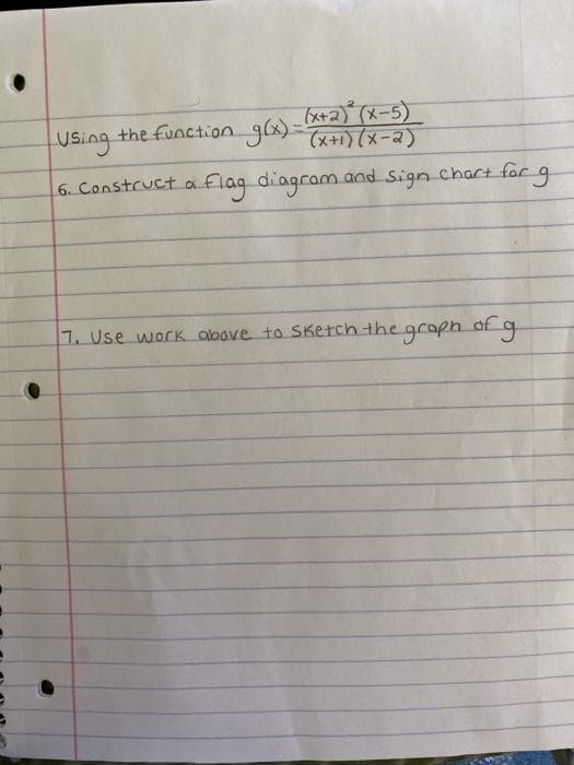 (x+2(メ-5)
using = 1) (x-a)
the function g(x).
6. Construct a flag diagram and Sign chact forg
7. Use work above to SKetch the graph of g
