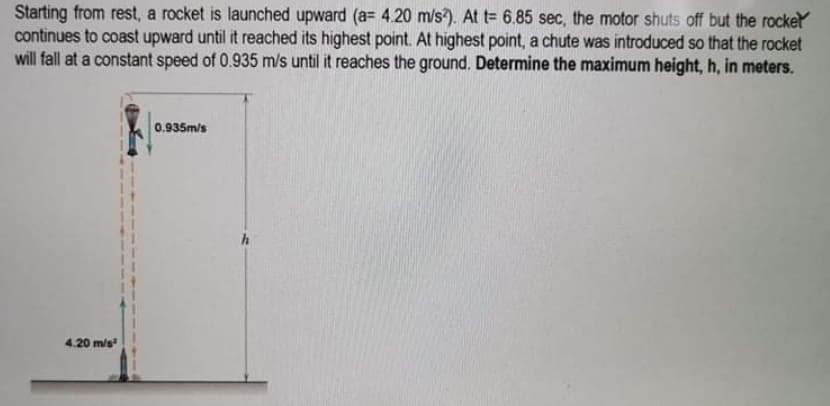 Starting from rest, a rocket is launched upward (a= 4.20 m/s2). At t= 6.85 sec, the motor shuts off but the rocket
continues to coast upward until it reached its highest point. At highest point, a chute was introduced so that the rocket
will fall at a constant speed of 0.935 m/s until it reaches the ground. Determine the maximum height, h, in meters.
0.935m/s
4.20 m/s²