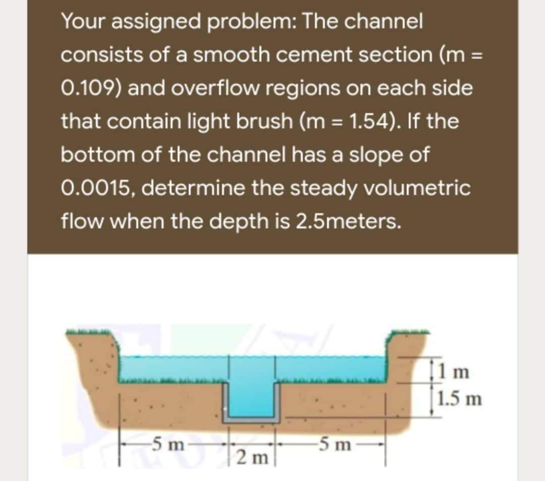 Your assigned problem: The channel
consists of a smooth cement section (m=
0.109) and overflow regions on each side
that contain light brush (m = 1.54). If the
bottom of the channel has a slope of
0.0015, determine the steady volumetric
flow when the depth is 2.5meters.
[1 m
1.5 m
-5 m
-5 m
2 m