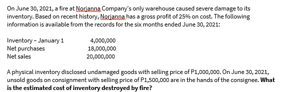 On June 30, 2021, a fire at Norianna Company's only warehouse caused severe damage to its
inventory. Based on recent history, Norianna has a gross profit of 25% on cost. The following
information is available from the records for the six months ended June 30, 2021:
Inventory - January 1
Net purchases
4,000,000
18,000,000
Net sales
20,000,000
A physical inventory disclosed undamaged goods with selling price of P1,000,000. On June 30, 2021,
unsold goods on consignment with selling price of P1,500,000 are in the hands of the consignee. What
is the estimated cost of inventory destroyed by fire?
