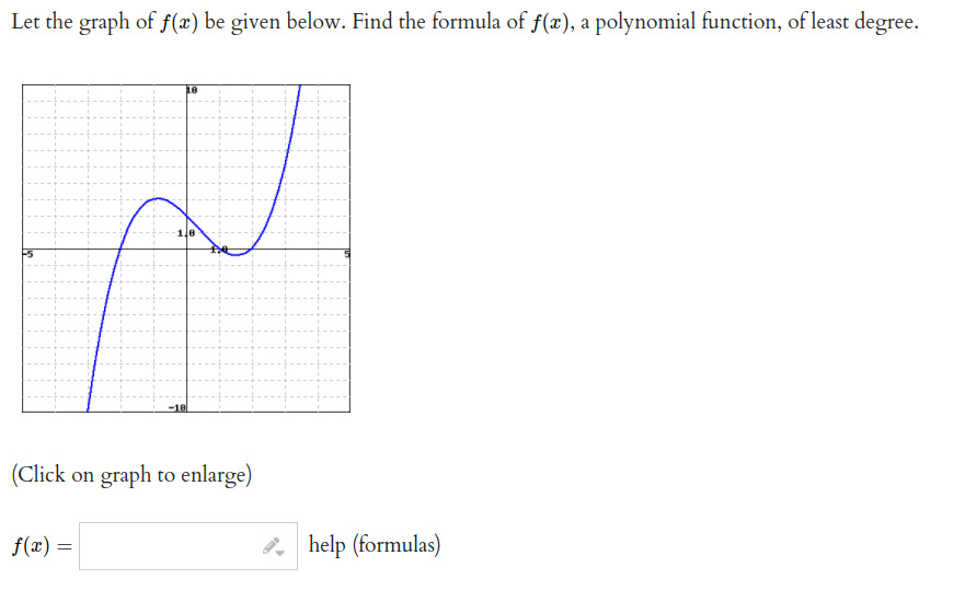 Let the graph of f(x) be given below. Find the formula of f(x), a polynomial function, of least degree.
1.0
-10
(Click on graph to enlarge)
f(x) =
3, help (formulas)
||
