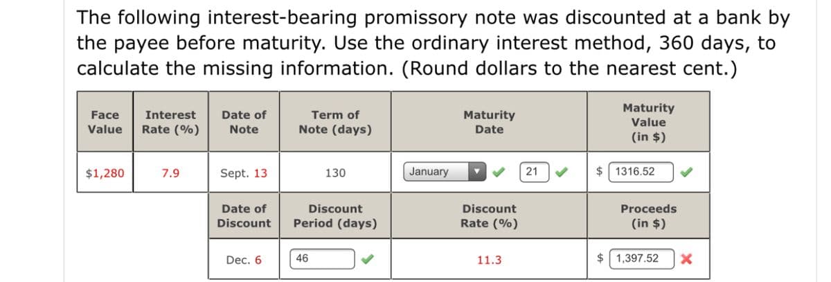 The following interest-bearing promissory note was discounted at a bank by
the payee before maturity. Use the ordinary interest method, 360 days, to
calculate the missing information. (Round dollars to the nearest cent.)
Maturity
Face
Interest
Date of
Term of
Maturity
Value
Value
Rate (%)
Note
Note (days)
Date
(in $)
$1,280
7.9
Sept. 13
130
January
21
$ 1316.52
Date of
Discount
Discount
Proceeds
Discount
Period (days)
Rate (%)
(in $)
Dec. 6
46
11.3
2$
1,397.52
