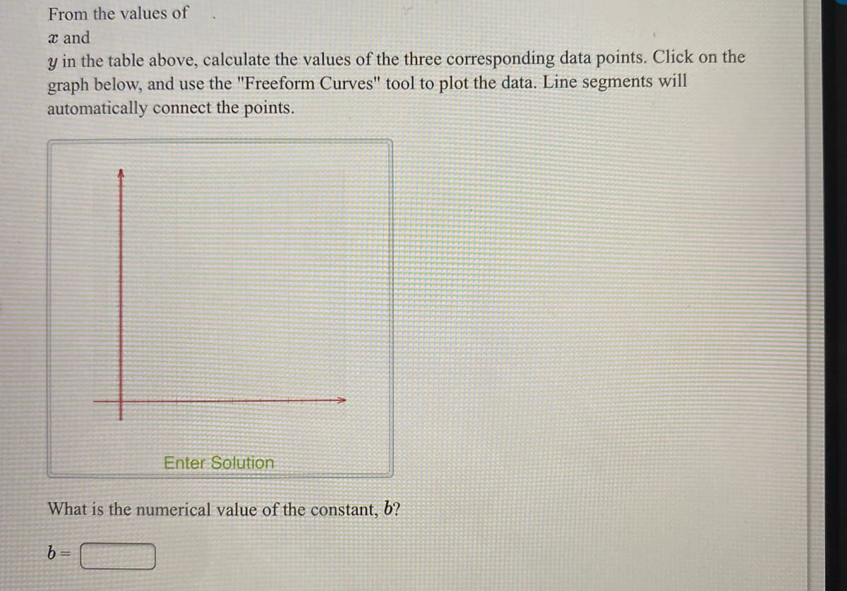 From the values of
x and
y in the table above, calculate the values of the three corresponding data points. Click on the
graph below, and use the "Freeform Curves" tool to plot the data. Line segments will
automatically connect the points.
Enter Solution
What is the numerical value of the constant, 6?
