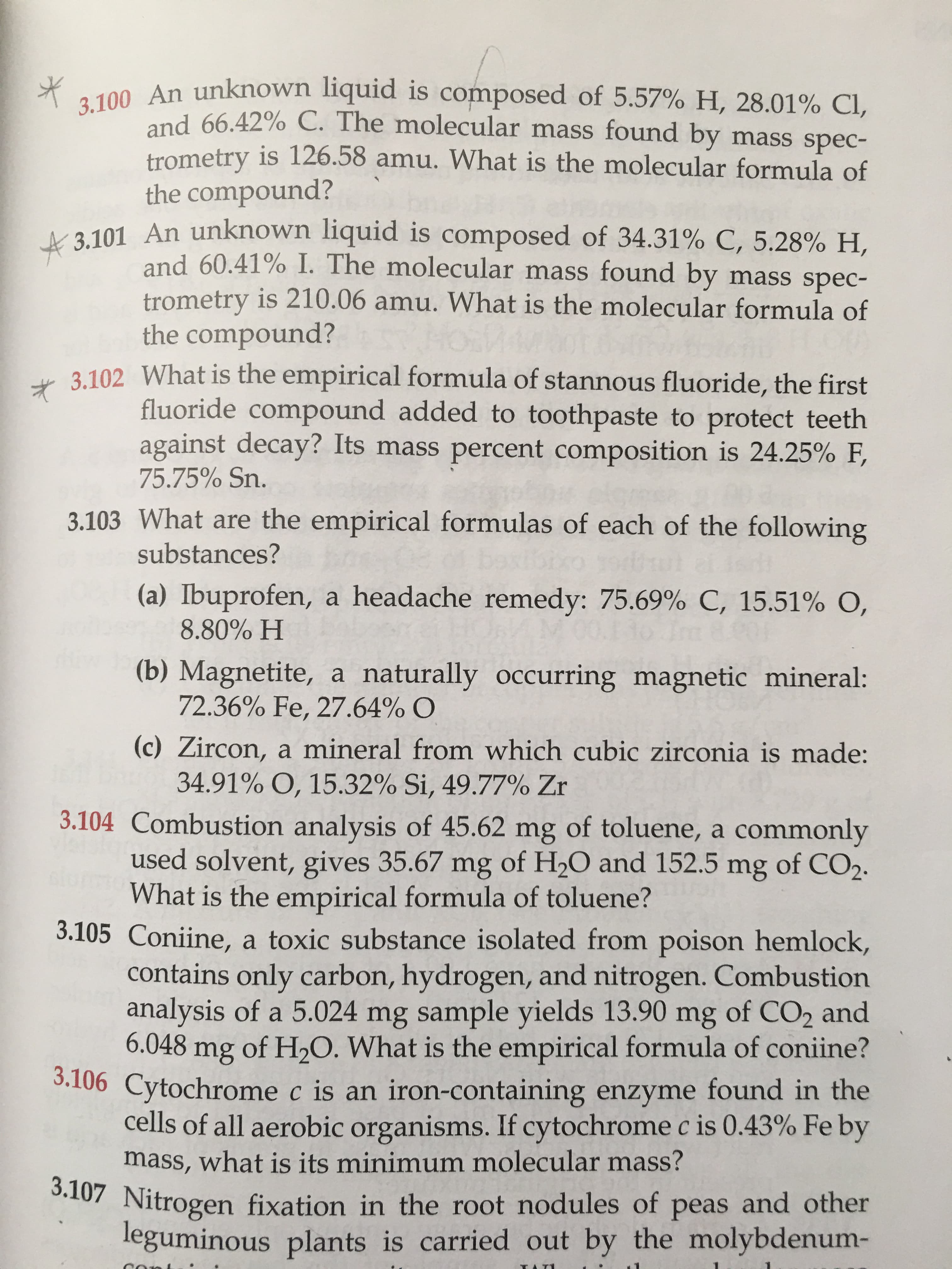 00. An unknown liquid is composed of 5.57% H, 28.01% CI,
and 66.42% C. The molecular mass found by mass spec-
trometry is 126.58 amu. What is the molecular formula of
the compound?
