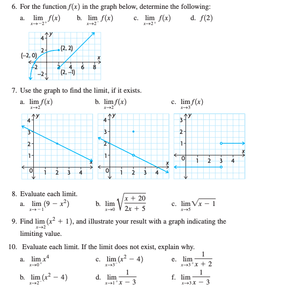 6. For the function f(x) in the graph below, determine the following:
lim f(x)
-2+
b. lim f(x)
с. lim f(x)
X2+
d. f(2)
а.
(2, 2)
2-
(-2, 0),
-2
-2-
(2, –1)
7. Use the graph to find the limit, if it exists.
b. limf(x)
a. lim f(x)
c. limf(x)
3
3-
2
2-
2
1-
1-
1-
2
4
4
1.
2.
3
4
8. Evaluate each limit.
x + 20
a. lim (9 – x²)
b. lim
c. lim Vx - 1
X-1
2x + 5
x-
9. Find lim (x? + 1), and illustrate your result with a graph indicating the
limiting value.
10. Evaluate each limit. If the limit does not exist, explain why.
1
e. lim
+3*x + 2
1
f. lim
x3X - 3
a. lim x*
с. lim (x? — 4)
b. lim (x² – 4)
1
d. lim
X1*x - 3
3.
