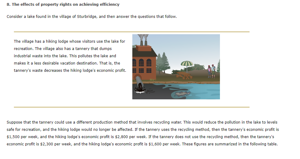 8. The effects of property rights on achieving efficiency
Consider a lake found in the village of Sturbridge, and then answer the questions that follow.
The village has a hiking lodge whose visitors use the lake for
recreation. The village also has a tannery that dumps
industrial waste into the lake. This pollutes the lake and
makes it a less desirable vacation destination. That is, the
tannery's waste decreases the hiking lodge's economic profit.
Aa
Suppose that the tannery could use a different production method that involves recycling water. This would reduce the pollution in the lake to levels
safe for recreation, and the hiking lodge would no longer be affected. If the tannery uses the recycling method, then the tannery's economic profit is
$1,500 per week, and the hiking lodge's economic profit is $2,800 per week. If the tannery does not use the recycling method, then the tannery's
economic profit is $2,300 per week, and the hiking lodge's economic profit is $1,600 per week. These figures are summarized in the following table.
