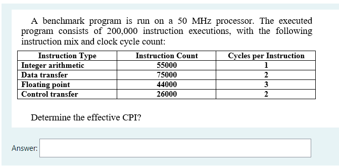 A benchmark program is run on a 50 MHz processor. The executed
program consists of 200,000 instruction executions, with the following
instruction mix and clock cycle count:
Instruction Type
Integer arithmetic
Data transfer
Floating point
Control transfer
Instruction Count
Cycles per Instruction
55000
1
75000
44000
2
3
26000
2
Determine the effective CPI?
Answer:
