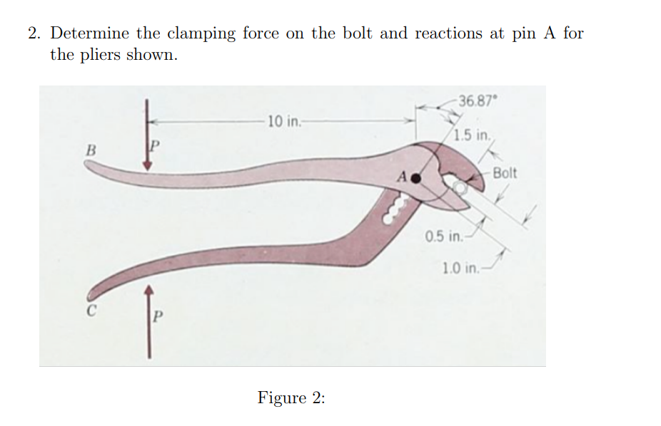 2. Determine the clamping force on the bolt and reactions at pin A for
the pliers shown.
B
C
P
10 in.-
Figure 2:
A
-36.87
1.5 in.
0.5 in.
1.0 in.-
Bolt