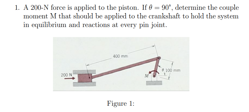 1. A 200-N force is applied to the piston. If = 90°, determine the couple
moment M that should be applied to the crankshaft to hold the system
in equilibrium and reactions at every pin joint.
200 N
400 mm
Figure 1:
M
100 mm