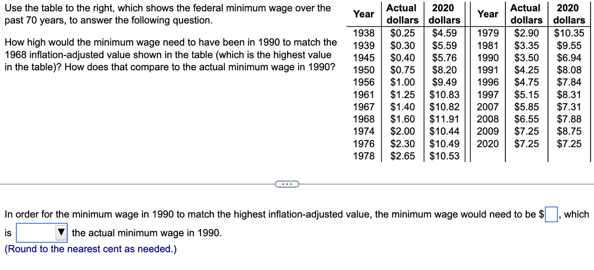 Use the table to the right, which shows the federal minimum wage over the
past 70 years, to answer the following question.
How high would the minimum wage need to have been in 1990 to match the
1968 inflation-adjusted value shown in the table (which is the highest value
in the table)? How does that compare to the actual minimum wage in 1990?
the actual minimum wage in 1990.
(Round to the nearest cent as needed.)
Actual 2020
dollars dollars
Year
$0.25 $4.59
1979 $2.90
$0.30 $5.59
$3.35
1981
$0.40 $5.76 1990 $3.50
$8.20 1991
$4.25
$0.75
$1.00 $9.49
1996 $4.75
$1.25 $10.83 1997 $5.15
$11.91 2008
$10.82 2007 $5.85
$6.55
$10.44 2009 $7.25
2020 $7.25
Actual
2020
dollars dollars
$10.35
Year
1938
1939
1945
1950
1956
1961
1967
1968
$1.40
$1.60
1974 $2.00
1976 $2.30 $10.49
1978 $2.65 $10.53
In order for the minimum wage in 1990 to match the highest inflation-adjusted value, the minimum wage would need to be $
is
$9.55
$6.94
$8.08
$7.84
$8.31
$7.31
$7.88
$8.75
$7.25
which