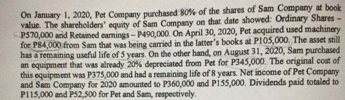 On January 1, 2020, Pet Company purchased 80% of the shares of Sam Company at book
value. The shareholders' equity of Sam Company on that date showed: Ordinary Shares-
P570,000 and Retained eamings- P490,000. On April 30, 2020, Pet acquired used machinery
for P84,000 from Sam that was being carried in the latter's books at P105,000. The asset still
has a remaining useful life of 5 years. On the other hand, on August 31, 2020, Sam purchased
an equipment that was already 20% depreciated from Pet for P345,000. The original cost of
this equipment was P375,000 and had a remaining life of 8 years. Net income of Pet Company
and Sam Company for 2020 amounted to P360,000 and P155,000. Dividends paid totaled to
P115,000 and P52,500 for Pet and Sam, respectively.
