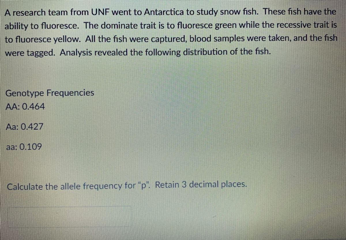 A research team from UNF went to Antarctica to study snow fish. These fish have the
ability to fluoresce. The dominate trait is to fluoresce green while the recessive trait is
to fluoresce yellow. All the fish were captured, blood samples were taken, and the fish
were tagged. Analysis revealed the following distribution of the fish.
Genotype Frequencies
AA: 0.464
Aa: 0.427
aa: 0,109
Calculate the allele frequency for "p". Retain 3 decimal places.
