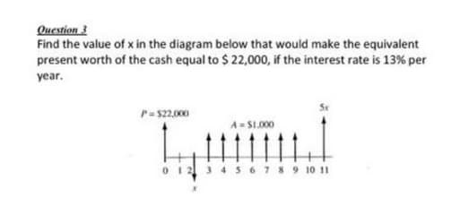 Question 3
Find the value of x in the diagram below that would make the equivalent
present worth of the cash equal to $ 22,000, if the interest rate is 13% per
year.
P=$22,000
A= S1.000
0 12 3 4 5 6 7 8 9 10 11
