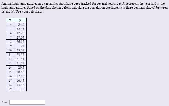 Annual high temperatures in a certain location have been tracked for several years. Let X represent the year and Y the
high temperature. Based on the data shown below, calculate the correlation coefficient (to three decimal places) between
X and Y. Use your calculator!
х
y
4
34.9
32.48
32.26
27.64
8.
26.12
27
10
23.08
11
23.56
12
21.44
13
21.52
14
20.5
15
16.48
16
17.56
17
16.44
18
13.42
19
13.6
