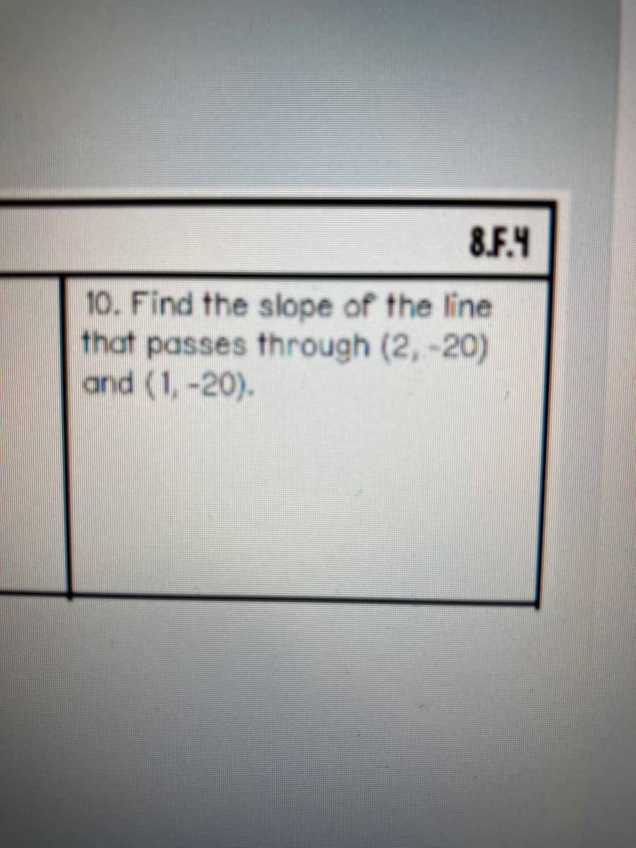 8.F.4
10. Find the slope of the line
that passes through (2,-20)
and (1,-20).
