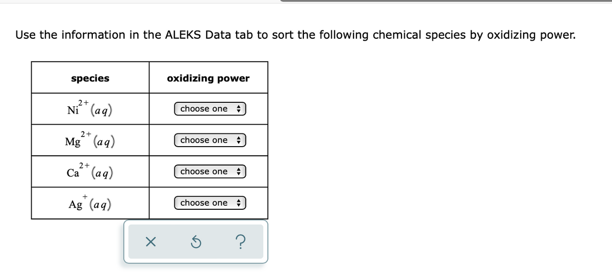 Use the information in the ALEKS Data tab to sort the following chemical species by oxidizing power.
species
2+
Ni (aq)
2+
Mg (aq)
2+
Ca (aq)
+
Ag (aq)
X
oxidizing power
choose one
choose one
choose one
choose one
?