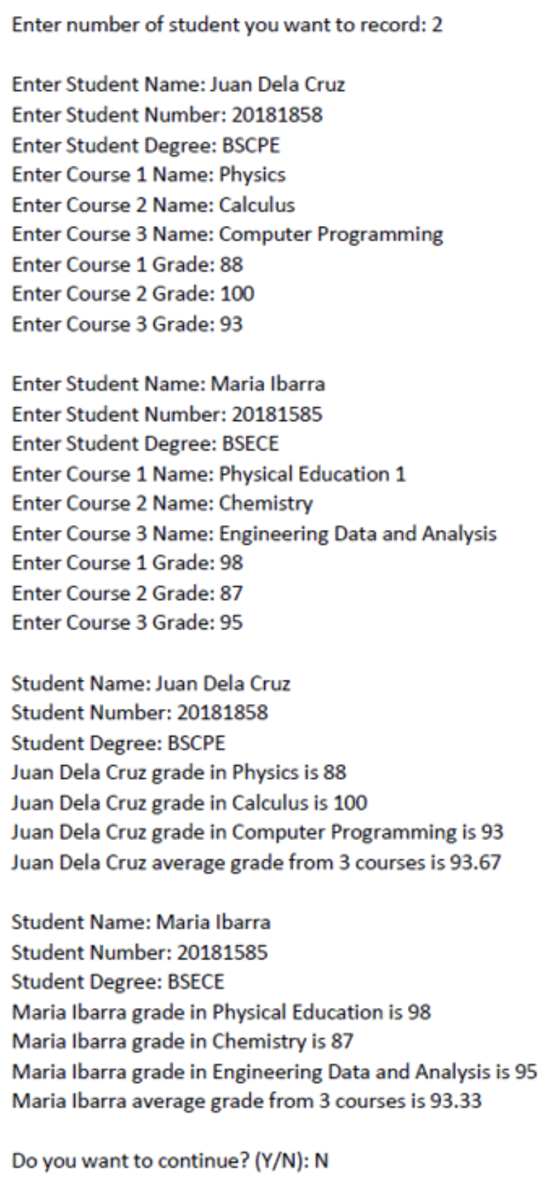 Enter number of student you want to record: 2
Enter Student Name: Juan Dela Cruz
Enter Student Number: 20181858
Enter Student Degree: BSCPE
Enter Course 1 Name: Physics
Enter Course 2 Name: Calculus
Enter Course 3 Name: Computer Programming
Enter Course 1 Grade: 88
Enter Course 2 Grade: 100
Enter Course 3 Grade: 93
Enter Student Name: Maria Ibarra
Enter Student Number: 20181585
Enter Student Degree: BSECE
Enter Course 1 Name: Physical Education 1
Enter Course 2 Name: Chemistry
Enter Course 3 Name: Engineering Data and Analysis
Enter Course 1 Grade: 98
Enter Course 2 Grade: 87
Enter Course 3 Grade: 95
Student Name: Juan Dela Cruz
Student Number: 20181858
Student Degree: BSsCPE
Juan Dela Cruz grade in Physics is 88
Juan Dela Cruz grade in Calculus is 100
Juan Dela Cruz grade in Computer Programming is 93
Juan Dela Cruz average grade from 3 courses is 93.67
Student Name: Maria Ibarra
Student Number: 20181585
Student Degree: BSECE
Maria Ibarra grade in Physical Education is 98
Maria Ibarra grade in Chemistry is 87
Maria Ibarra grade in Engineering Data and Analysis is 95
Maria Ibarra average grade from 3 courses is 93.33
Do you want to continue? (Y/N): N
