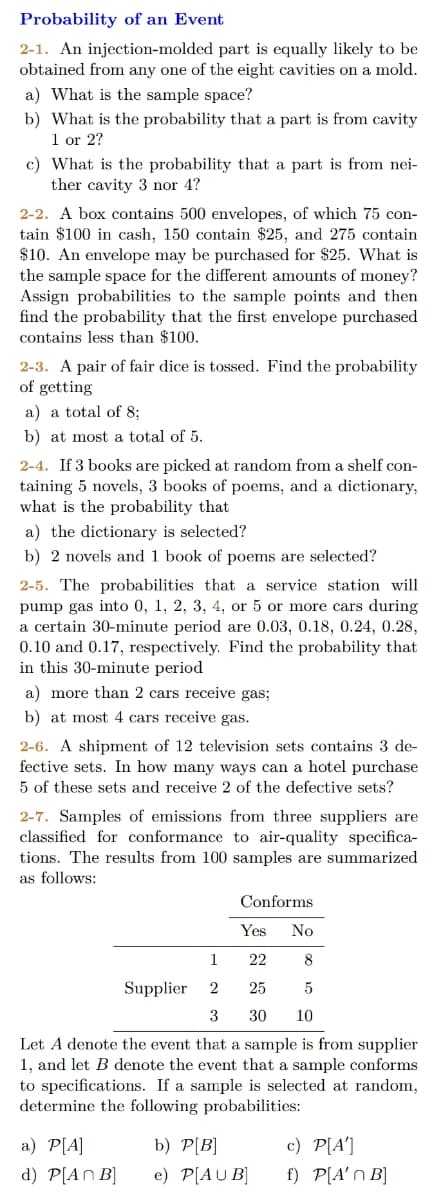 Probability of an Event
2-1. An injection-molded part is equally likely to be
obtained from any one of the eight cavities on a mold.
a) What is the sample space?
b) What is the probability that a part is from cavity
1 or 2?
c) What is the probability that a part is from nei-
ther cavity 3 nor 4?
2-2. A box contains 500 envelopes, of which 75 con-
tain $100 in cash, 150 contain $25, and 275 contain
$10. An envelope may be purchased for $25. What is
the sample space for the different amounts of money?
Assign probabilities to the sample points and then
find the probability that the first envelope purchased
contains less than $100.
2-3. A pair of fair dice is tossed. Find the probability
of getting
a) a total of 8;
b) at most a total of 5.
2-4. If 3 books are picked at random from a shelf con-
taining 5 novels, 3 books of poems, and a dictionary,
what is the probability that
a) the dictionary is selected?
b) 2 novels and 1 book of poems are selected?
2-5. The probabilities that a service station will
pump gas into 0, 1, 2, 3, 4, or 5 or more cars during
a certain 30-minute period are 0.03, 0.18, 0.24, 0.28,
0.10 and 0.17, respectively. Find the probability that
in this 30-minute period
a) more than 2 cars receive gas;
b) at most 4 cars receive gas.
2-6. A shipment of 12 television sets contains 3 de-
fective sets. In how many ways can a hotel purchase
5 of these sets and receive 2 of the defective sets?
2-7. Samples of emissions from three suppliers are
classified for conformance to air-quality specifica-
tions. The results from 100 samples are summarized
as follows:
Conforms
Yes
No
1
22
8
Supplier
2
25
5
3
30
10
Let A denote the event that a sample is from supplier
1, and let B denote the event that a sample conforms
to specifications. If a sample is selected at random,
determine the following probabilities:
a) P[A]
b) P[B]
c) P[A']
d) P[AN B]
e) P[AU B]
f) P[A'n B]

