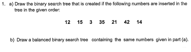 1. a) Draw the binary search tree that is created if the following numbers are inserted in the
tree in the given order:
12 15 3 35 21 42 14
b) Draw a balanced binary search tree containing the same numbers given in part (a).
