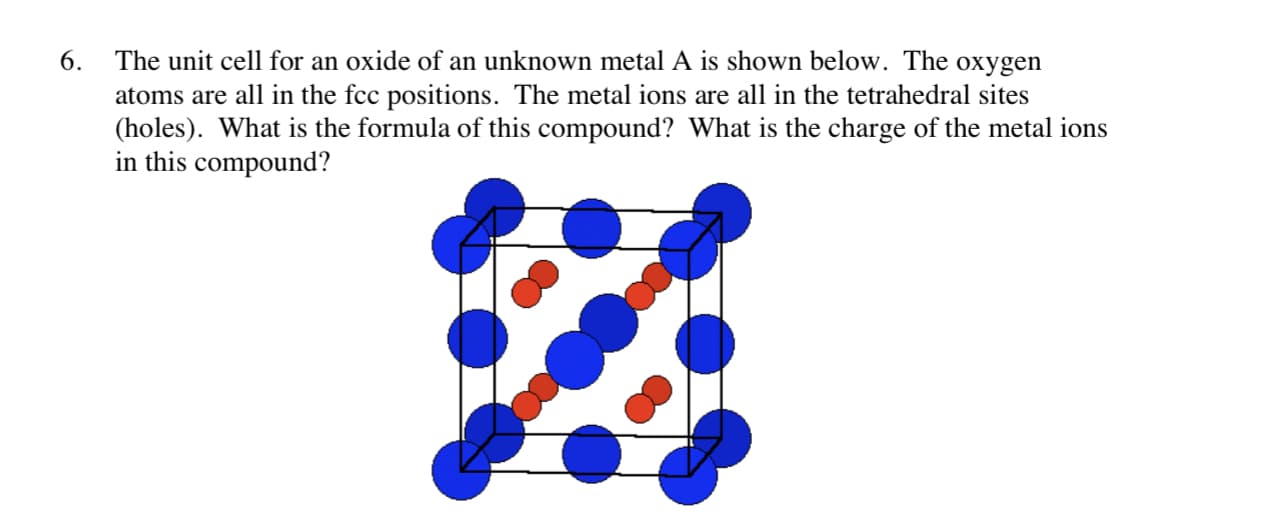 The unit cell for an oxide of an unknown metal A is shown below. The oxygen
atoms are all in the fcc positions. The metal ions are all in the tetrahedral sites
(holes). What is the formula of this compound? What is the charge of the metal ions
in this compound?
6.
