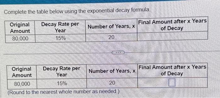 Complete the table below using the exponential decay formula.
Original Decay Rate per
Amount
Year
80,000
15%
Number of Years, x
20
www
Original
Amount
Decay Rate per
Year
80,000
15%
20
(Round to the nearest whole number as needed.)
Number of Years, x
Final Amount after x Years
of Decay
Final Amount after x Years
of Decay
SERVICE
MININE