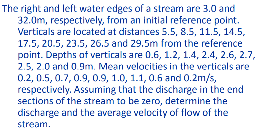 The right and left water edges of a stream are 3.0 and
32.0m, respectively, from an initial reference point.
Verticals are located at distances 5.5, 8.5, 11.5, 14.5,
17.5, 20.5, 23.5, 26.5 and 29.5m from the reference
point. Depths of verticals are 0.6, 1.2, 1.4, 2.4, 2.6, 2.7,
2.5, 2.0 and 0.9m. Mean velocities in the verticals are
0.2, 0.5, 0.7, 0.9, 0.9, 1.0, 1.1, 0.6 and 0.2m/s,
respectively. Assuming that the discharge in the end
sections of the stream to be zero, determine the
discharge and the average velocity of flow of the
stream.