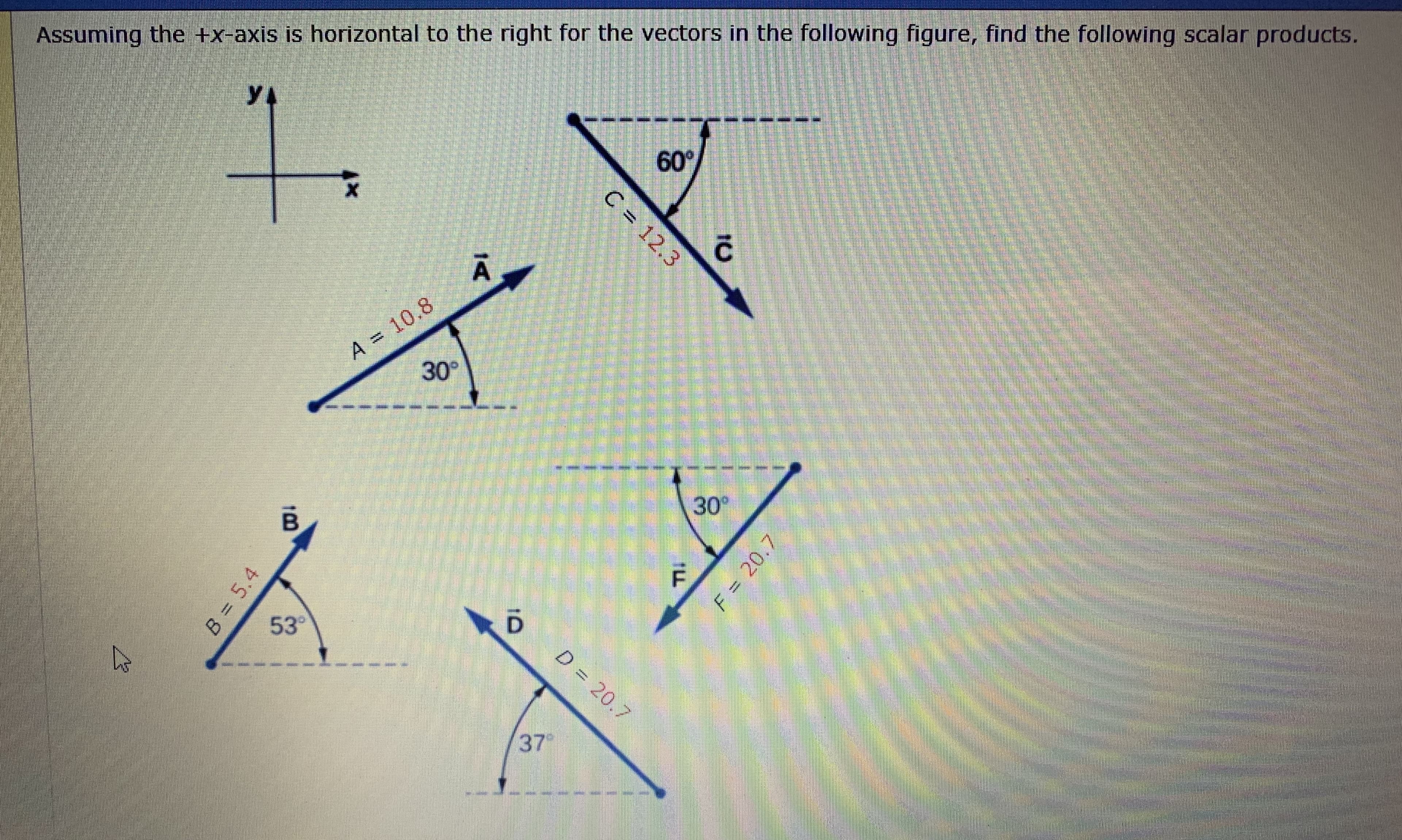 Assuming the +x-axis is horizontal to the right for the vectors in the following figure, find the following scalar products.
УТ
60
X
A 10.8
30°
30°
F
D
53
D = 20.7
379
C 12.3
1A
LL
F 20.7
10
B = 5.4
