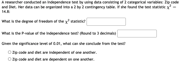 A researcher conducted an Independence test by using data consisting of 2 categorical variables: Zip code
and Diet. Her data can be organized into a 2 by 2 contingency table. If she found the test statistic x? :
14.8:
What is the degree of freedom of the x? statistic?
What is the P-value of the Independence test? (Round to 3 decimals)
Given the significance level of 0.01, what can she conclude from the test?
O Zip code and diet are independent of one another.
O zip code and diet are dependent on one another.
