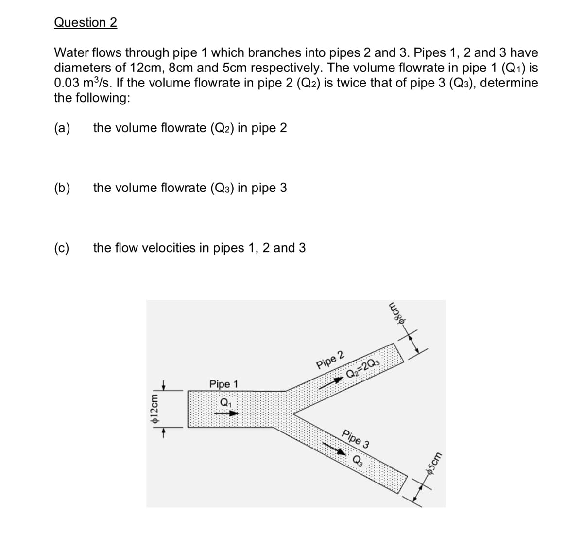 Question 2
Water flows through pipe 1 which branches into pipes 2 and 3. Pipes 1, 2 and 3 have
diameters of 12cm, 8cm and 5cm respectively. The volume flowrate in pipe 1 (Q₁) is
0.03 m³/s. If the volume flowrate in pipe 2 (Q2) is twice that of pipe 3 (Q3), determine
the following:
(a)
the volume flowrate (Q2) in pipe 2
(b)
(c)
the volume flowrate (Q3) in pipe 3
the flow velocities in pipes 1, 2 and 3
$12cm
Pipe 1
Pipe 2
Q2=2Q3
Pipe 3
-
5cm