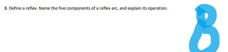 8. Define a reflex. Name the five components of a reflex arc, and explain its operation.
8