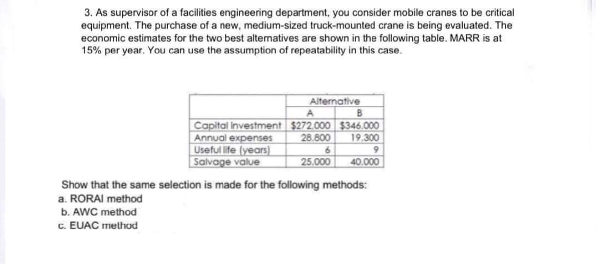 3. As supervisor of a facilities engineering department, you consider mobile cranes to be critical
equipment. The purchase of a new, medium-sized truck-mounted crane is being evaluated. The
economic estimates for the two best alternatives are shown in the following table. MARR is at
15% per year. You can use the assumption of repeatability in this case.
Alternative
B
A
Capital investment $272.000 $346.000
Annual expenses
Useful life (years)
| Salvage value
28.800
19,300
6.
25,000
40.000
Show that the same selection is made for the following methods:
a. RORAI method
b. AWC method
c. EUAC method
