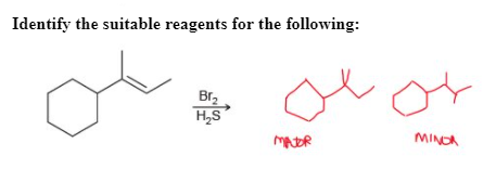 Identify the suitable reagents for the following:
Br2
H,S
MINOA
MADR
