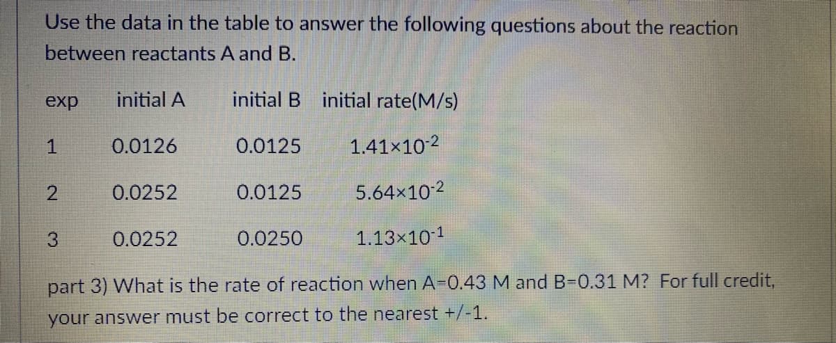 Use the data in the table to answer the following questions about the reaction
between reactants A and B.
exp
initial A
initial B initial rate(M/s)
1.
0.0126
0.0125
1.41x10-2
0.0252
0.0125
5.64x10 2
0.0252
0.0250
1.13x10 1
part 3) What is the rate of reaction when A-0.43 M and B-0.31 M? For full credit,
your answer must be correct to the nearest +/-1.
