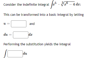 Consider the indefinite integral a .
V° – 4 dx:
This can be transformed into a basic integral by letting
u =
and
du
da
Performing the substitution yields the integral
du
