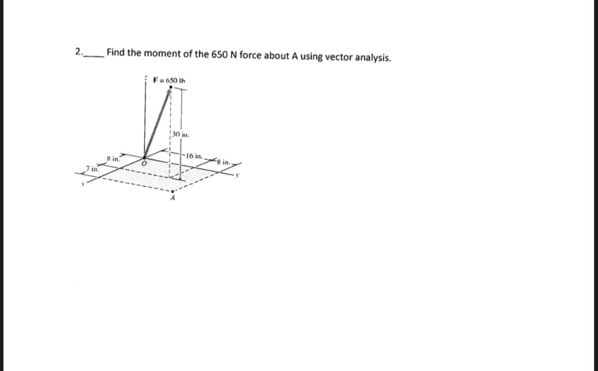 2.
Find the moment of the 650 N force about A using vector analysis.
F = 650 lb
30 in.
I
-16 in.8 in.
8 in.
in.